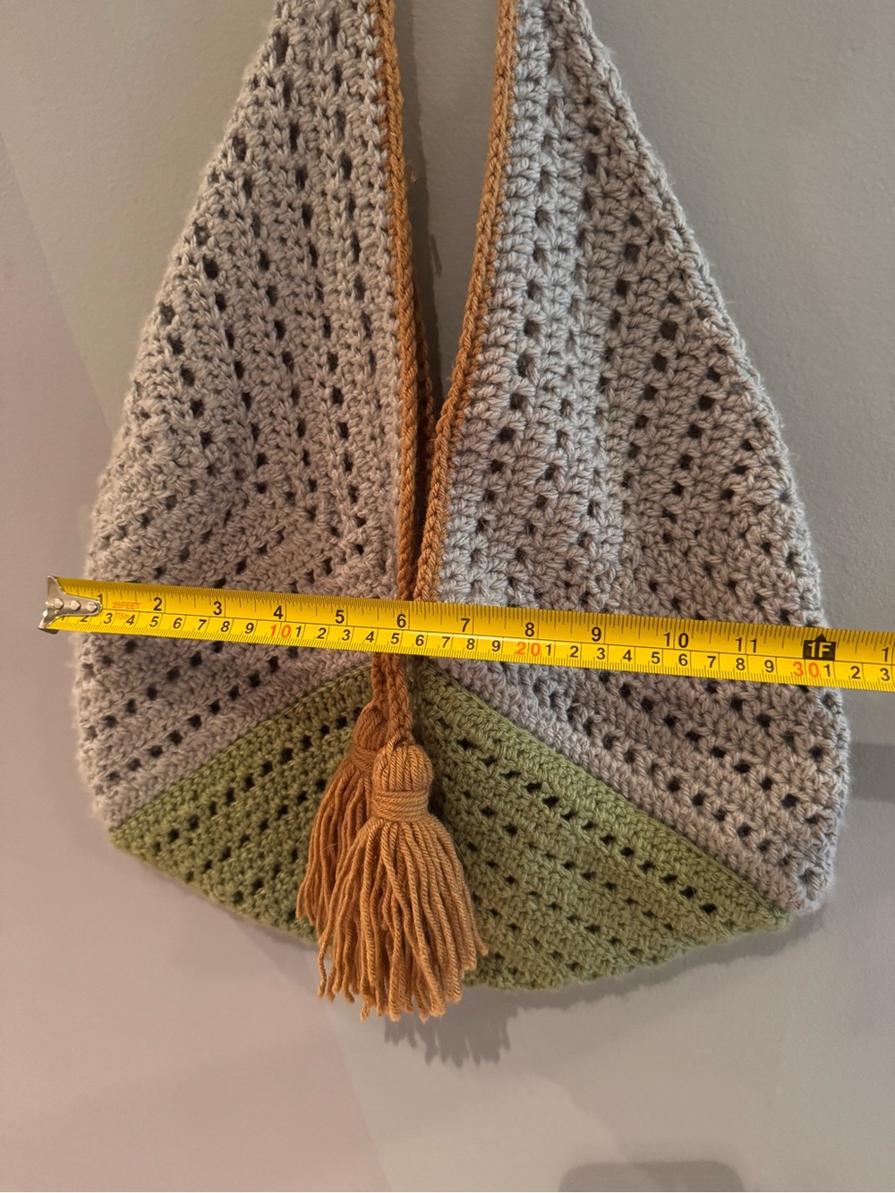 Handcrafted Gray and Olive Crochet Shoulder Bag with Tan Tassel - Picture 2 of 3